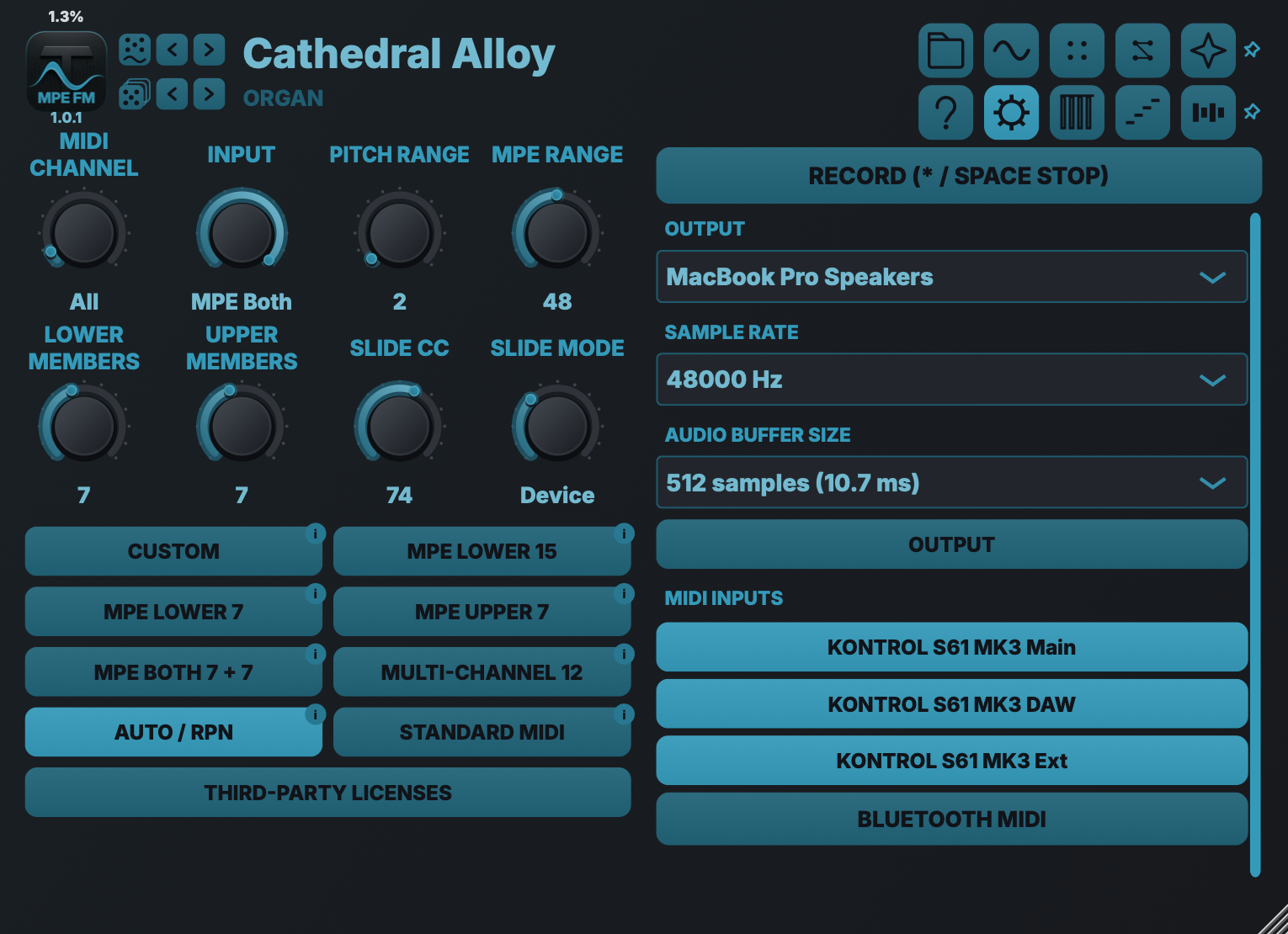 Tupos MPE FM — Audio and MIDI settings