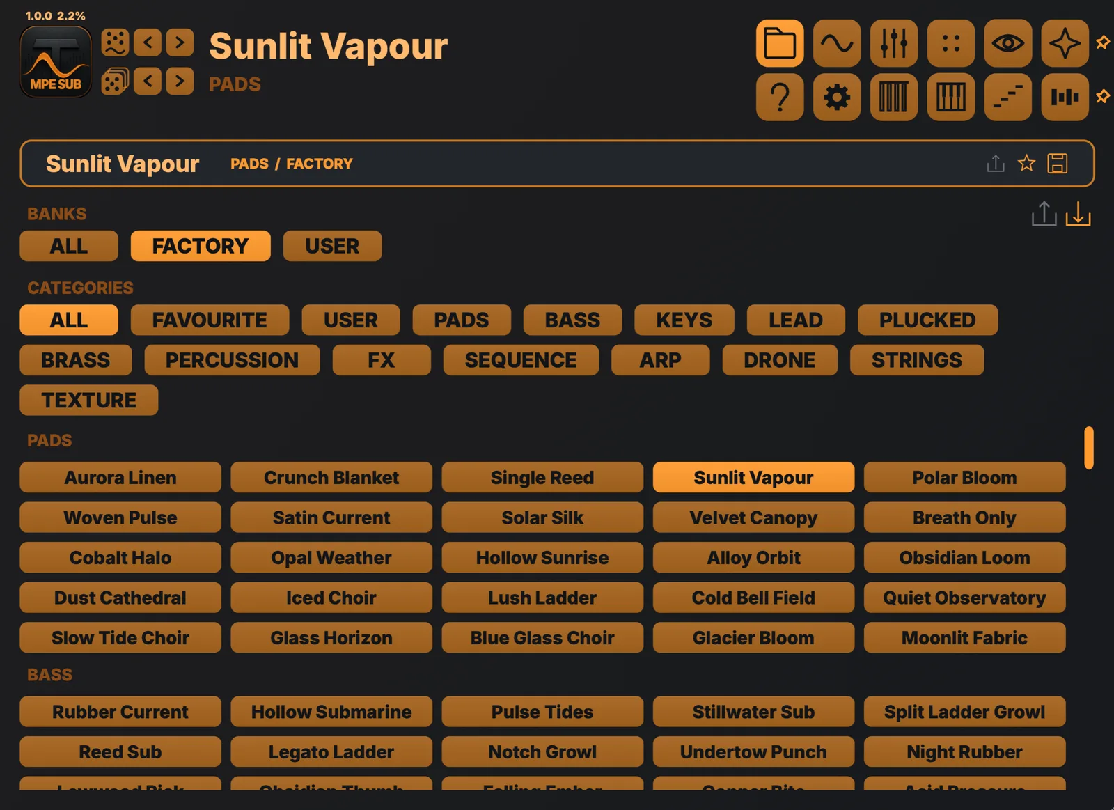 Tupos MPE Subtractive — Preset browser