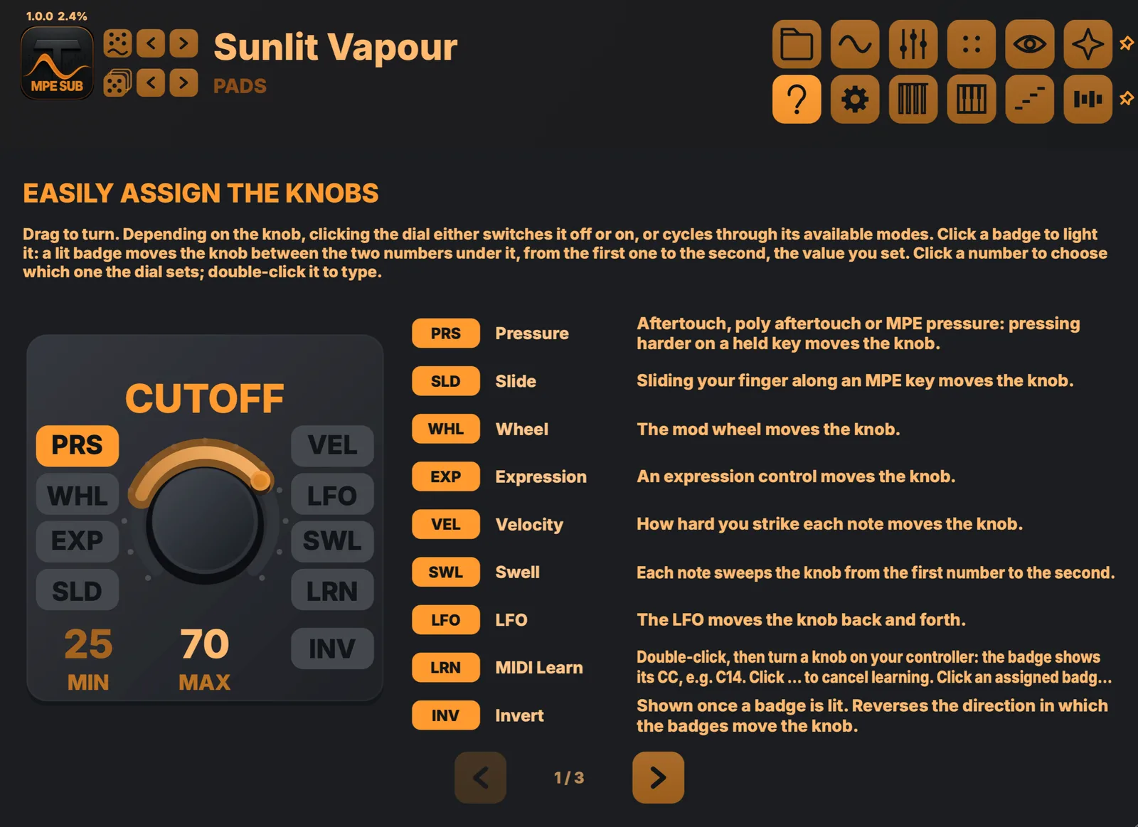 Tupos MPE Subtractive built-in guide explaining the knob badges