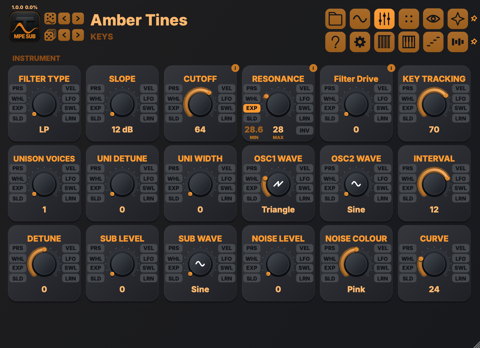 Tupos MPE Subtractive oscillator and filter controls